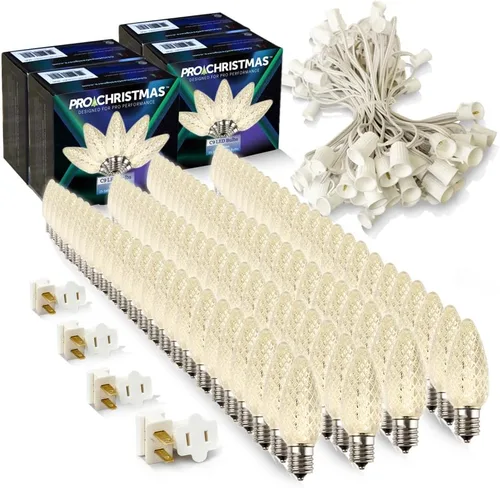 Vista 52 de Pro Christmas - Kit de luces C9 para exteriores, blanco cálido, cable verde, 50 bombillas, 50 pies