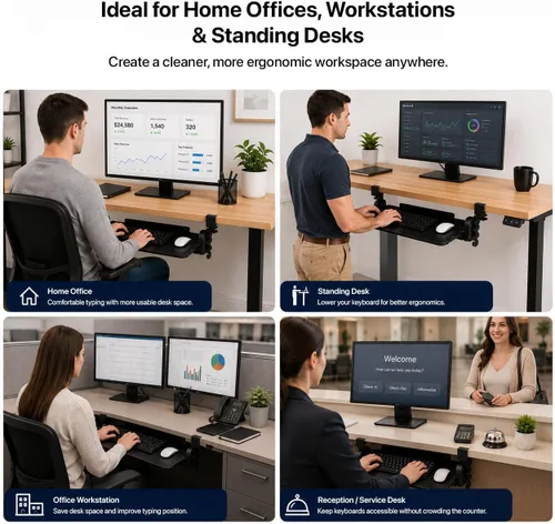 Vista 13 de Bandeja ergonómica para teclado debajo del escritorio con abrazadera deslizante (negro)