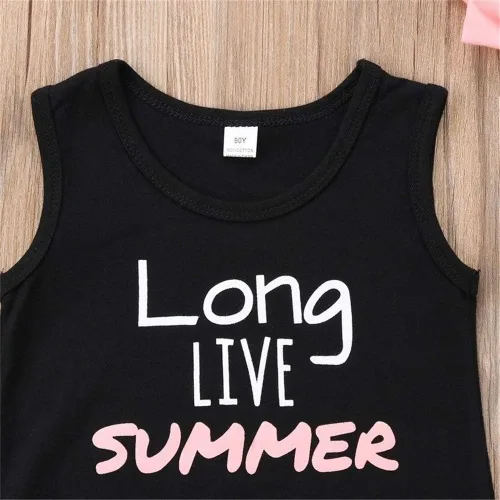 Vista 5 de Conjunto de ropa de verano con flecos para bebé, niña, camiseta sin mangas, pantalones cortos con borlas, diadema, Negro