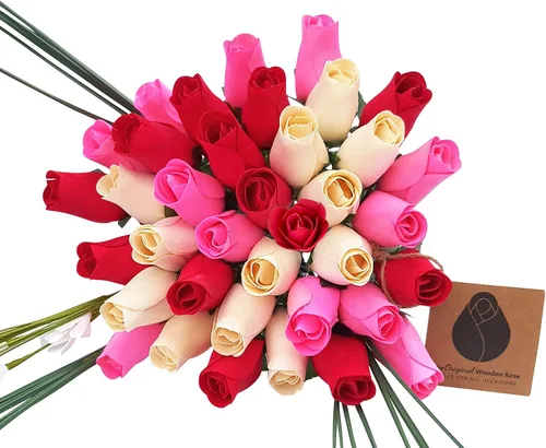 Vista 19 de Ramos originales de rosas de madera en 1, 2, o 3 docenas, Madera de abedul, Todo rojo, 1 Docena
