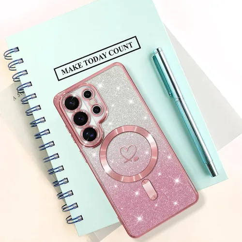 Vista 460 de Bonoma - Funda compatible con Samsung Galaxy S21 Plus, diseño de corazón con purpurina, color rosa Support for MagSafe, Plating Magnetic Case TPU