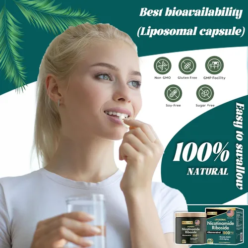 Vista 3 de Suplemento liposomal NAD+, 900 mg de ribósido de nicotinamida con resveratrol, energía antienvejecimiento y apoyo de enfoque para mujeres y hombres