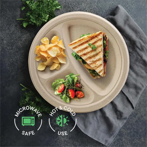 Vista 3 de Platos de papel desechables 100% compostables, 3 compartimentos, [125 unidades] - {Sin PFAS} - {Certificado BPA} - [9 pulgadas] Bandejas seccionales