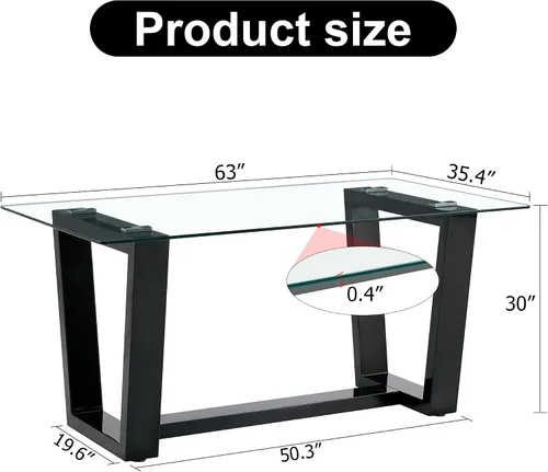 Vista 2 de Ebullient Mesa de comedor de cristal, mesa de comedor moderna, mesa de vidrio templado de 63 pulgadas con patas trapezoidales de MDF negras, mesa