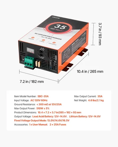 Vista 7 de VEVOR Convertidor de energía para RV, 35 Amp, Convertidor de 110V AC a 12V DC para RV, cargador de batería, carga inteligente de 4 etapas, rango