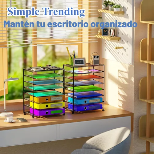 Vista 3 de Simple Trending – Organizadores de archivos de escritorio de 8 niveles, juego de 2, de malla metálica para oficina o escuela, color negro