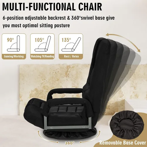 Vista 4 de Silla de juegos giratoria de piso con reposabrazos, sofá reclinable plegable de video con 6 posiciones ajustables, respaldo acolchado y cojín, sofá