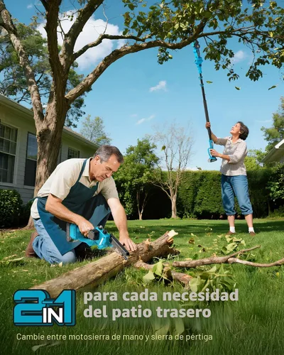 Vista 2 de SEESII Sierras de poste eléctricas 2 en 1 para recortar árboles, mini motosierra inalámbrica de 6 pulgadas con poste de extensión, sierra de cadena