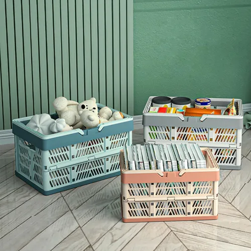 Vista 5 de Cajón de almacenamiento de plástico, cesta de almacenamiento plegable apilable de 20 litros, azul cielo y azul gris, M