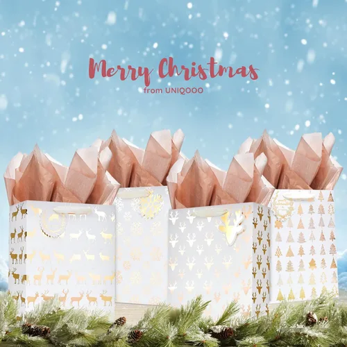 Vista 2 de UNIQOOO 12 bolsas de regalo de Navidad doradas metálicas a granel con etiqueta, grandes de 12.5 x 10.5 pulgadas, copos de nieve surtidos, renos
