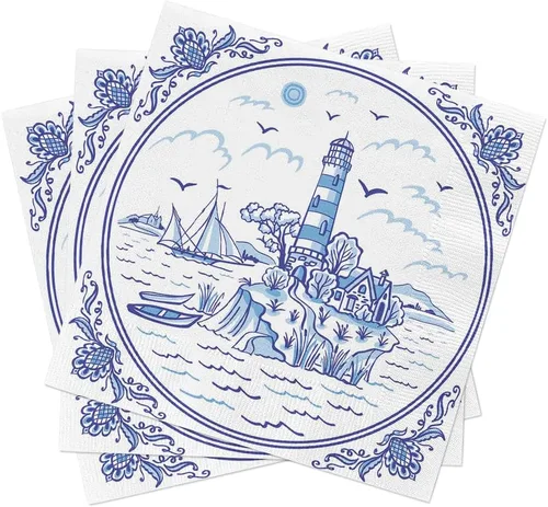 Vista 4 de Servilletas náuticas AZUL LIGHTHOUSE TILE 40pcs Servilletas de cóctel azul y blanco, papel de decoupage costero