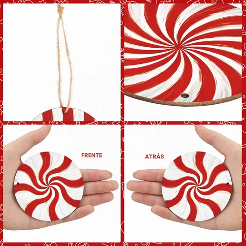 Vista 4 de 36 piezas de adornos navideños de madera con forma de bastón de caramelo, decoración colgante para árbol de Navidad, piruletas de menta roja