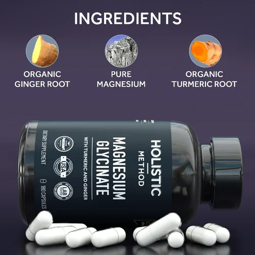 Vista 5 de Cápsulas de glicinato de magnesio con cúrcuma orgánica y jengibre - 180 cápsulas veganas para dormir, relajación, calambres musculares y apoyo