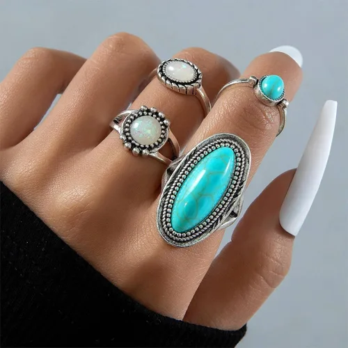 Vista 7 de Juego de anillos bohemios de turquesa para mujer, anillos apilables vintage para nudillos, anillos ovalados con piedras preciosas de piedra gruesa
