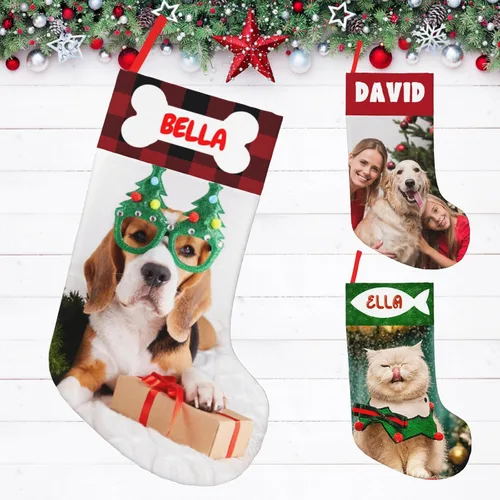 Vista 8 de Medias de Navidad personalizadas de 18 pulgadas, medias personalizadas de Navidad con nombre, imagen personalizada, gato, mascota, adorno