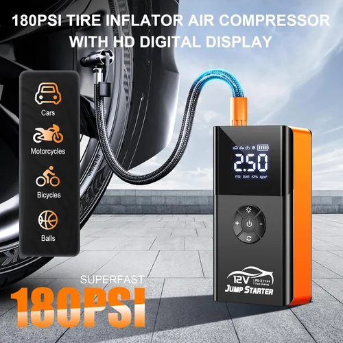 Vista 2 de Arrancador con compresor de aire, 8000 A 180 PSI, batería portátil de coche (todo gasolina/12L diesel) 12 V caja de salto de automóvil cargadores