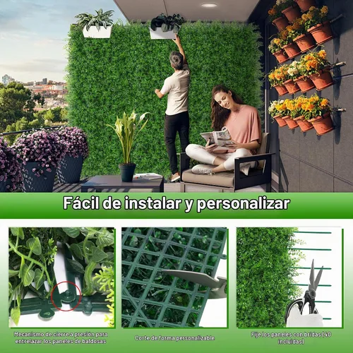 Vista 4 de 6 paneles de pared de césped de 20 x 20 pulgadas, fondo de hierba de helecho artificial con protección UV, paneles de boj de plantas de vegetación
