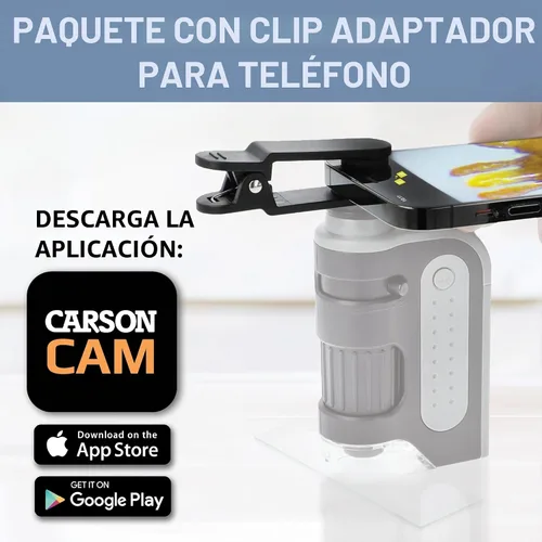Vista 2 de Microscopio de bolsillo Carson MicroBrite Plus 60x 120x con iluminación de energía LED (MM-300). Portable Handheld Microscope STEM Toy - Mini