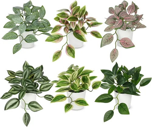 Vista 13 de Hollyone Plantas falsas, 2 paquetes de plantas artificiales de interior con maceta de plástico blanco, pequeña planta falsa en maceta para el hogar