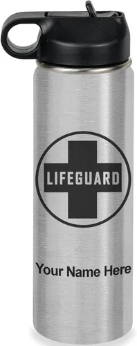 Vista 47 de LaserGram Botella de agua personalizada, salvavidas, acero inoxidable de doble pared aislada al vacío con popote superior, regalo grabado Negro