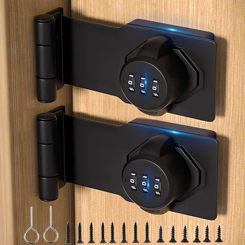 Vista 11 de Cerradura y pestillos para puerta corrediza de granero de 90 grados – Cerraduras rotativas con contraseña de gabinete para armario, cobertizo