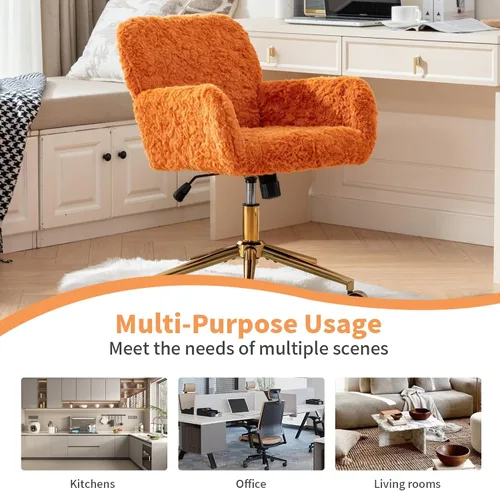Vista 7 de Silla de oficina artificial de pelo de conejo copetudo, silla naranja con base de metal dorado, silla de escritorio ajustable, silla de oficina