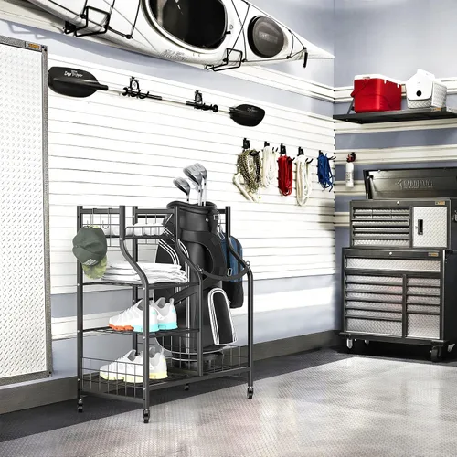 Vista 2 de WALMANN Soporte para bolsa de golf de garaje, almacenamiento grande para bolsas de golf con accesorios de golf, estantes de almacenamiento