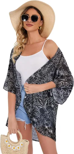 Vista 6 de Cárdigan tipo kimono de manga abombada con estampado floral para mujer, blusa informal