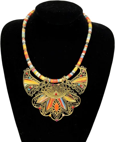 Vista 4 de HENGYID Conjunto de collar bohemio para mujer Collar étnico de diamantes de imitación multicolor grueso