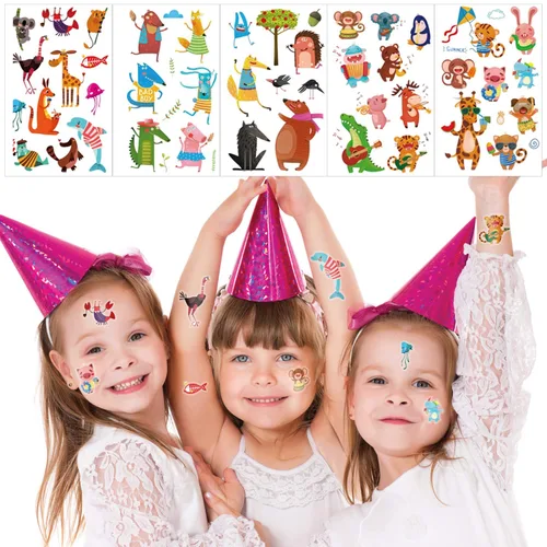 Vista 5 de Konsait 24 hojas de tatuajes temporales de animales para niños (más de 230 unidades), tatuajes falsos de animales marinos de la selva del zoológico