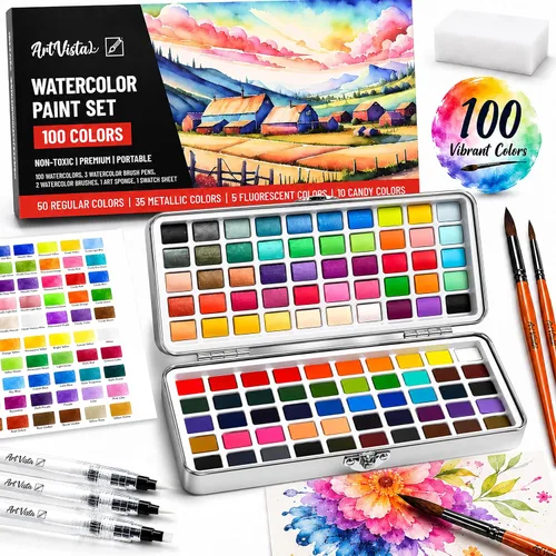 Vista 8 de Juego de pintura de acuarela premium con 100 colores brillantes y bloc de papel para principiantes y profesionales - Kit de pintura y suministros