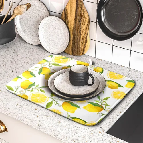 Vista 5 de Tapete de secado de platos de limón para encimera de cocina, de 16 x 18 pulgadas, tapete de secado de microfibra pequeña con acuarela, limón
