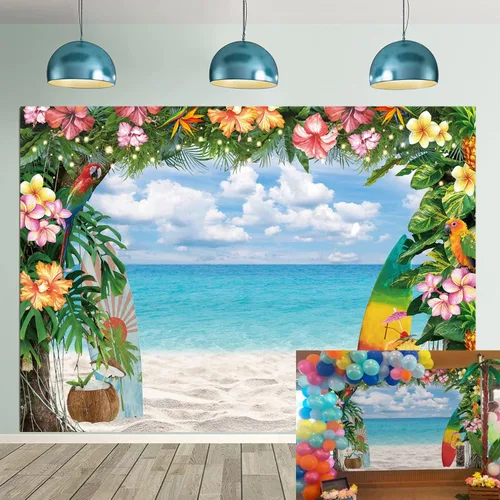 Vista 8 de Fondo de playa hawaiana para verano, flores tropicales, fondo de fotografía Luau, tabla de surf, cielo azul, hojas de palma, Aloha, decoraciones