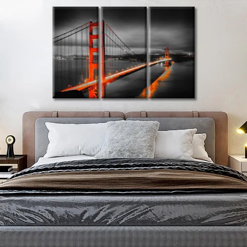 Vista 3 de TUMOVO 3 paneles de paisaje urbano en blanco y negro de Estados Unidos, arte de pared, famoso puente Golden Gate, San Francisco por la noche