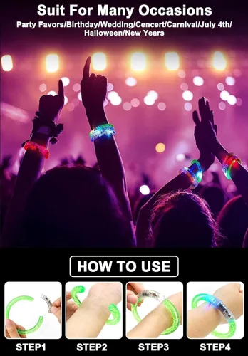 Vista 4 de Paquete de 20 pulseras LED que brillan en la oscuridad, regalos de fiesta para adultos, pulseras LED iluminadas, juguetes de neón, regalos de boda