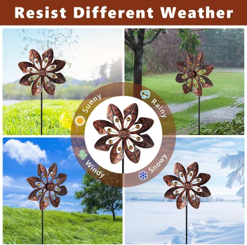 Vista 5 de VEWOGARDEN Paquete de 2 molinillos de viento para exteriores, metal con diseño de flores para decoración de patio, jardín, césped, bronce antiguo
