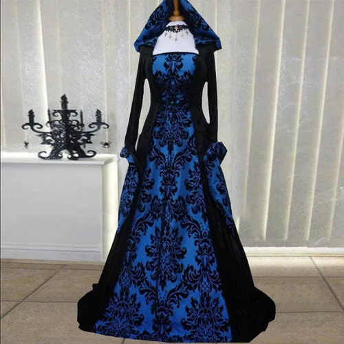 Vista 2 de ZEFOTIM Vestido renacentista para mujer, manga largamurciélago, corsés hasta el suelo con capucha, vestido gótico, cosplay