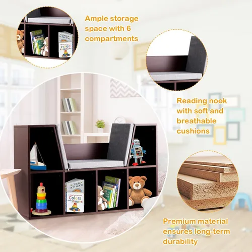 Vista 6 de Costzon Estantería infantil con rincón de lectura, estantería de 6 cubos con cojín de asiento suave, organizador de almacenamiento de juguetes