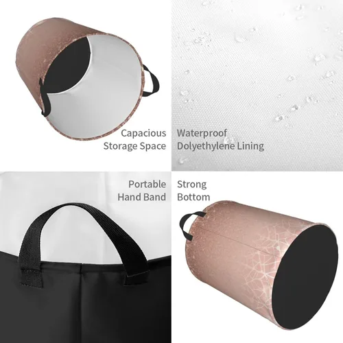 Vista 4 de Cesta circular con estampado de oro rosa, impermeable, cesta organizadora de lavandería, con asas, para ropa, juguetes, pequeña