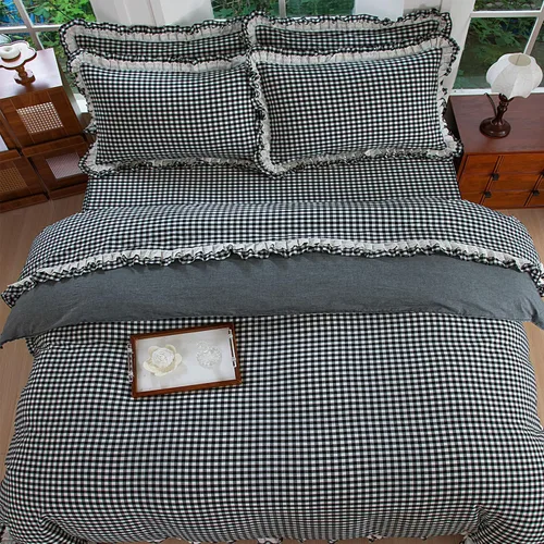 Vista 3 de FADFAY Twin 100% Washed Cotton Black & White Gingham Ruffle Duvet Cover Set Soft, Breathable, Crisp, Hidden Zipper Closure, 8 Corner Ties
