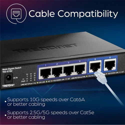 Vista 25 de TRENDnet Switch 10G de 6 puertos, 4 puertos 2.5G RJ-45 Base-T, 2 puertos RJ-45 10G, capacidad de conmutación de 60Gbps, montable en pared