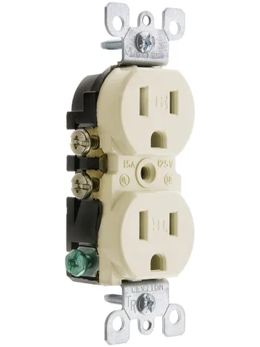 Vista 6 de Receptáculo Leviton de doble toma recta de 15 A, 125 V, con descarga a tierra, resistente a la manipulación, Blanco, T5320-WMP, 120 volts