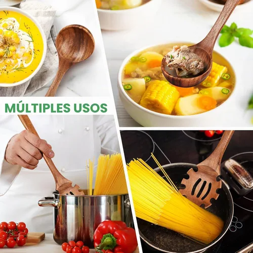 Vista 6 de Cucharas de madera para cocinar, juego de 2 piezas de utensilios de madera de cuchara de sopa y cuchara de pasta de espagueti con dientes, juego