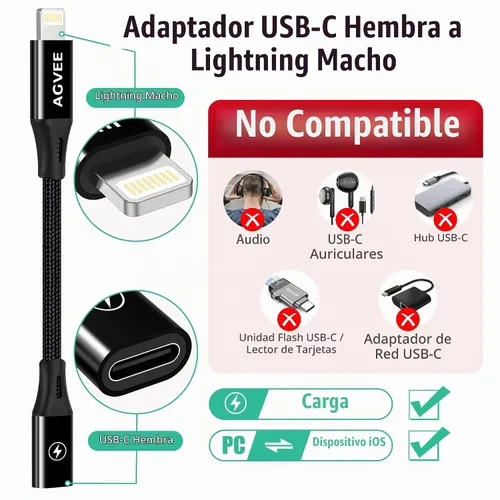 Vista 2 de AGVEE Adaptador de carga USB-C hembra a Lightning macho de 30 W de 4 pulgadas Negro