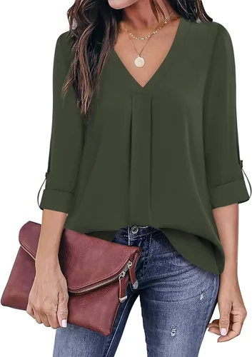 Vista 2 de Youtalia Blusas para mujer, elegantes, informales, de negocios, manga 3/4, de gasa, cuello en V, camisas de trabajo y oficina
