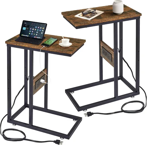 Vista 12 de VECELO Mesa auxiliar en forma de C con estación de carga y 2 puertos USB y salidas para sala de estar, dormitorio, con patas ajustables para sofá