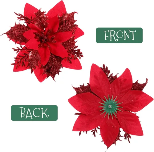Vista 4 de Toyvian Flores de pascua artificiales con purpurina navideña, 12 adornos de flores para árbol de Navidad, decoración de fiesta de Navidad con 12 Rojo