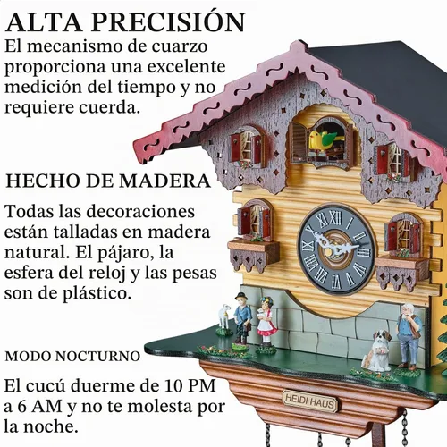 Vista 2 de TIMEGEAR Reloj de pared de cuco con movimiento de cuarzo y modo nocturno en estilo tradicional alemán