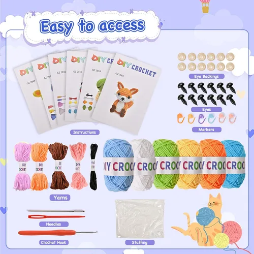 Vista 3 de Wunila Kit de ganchillo de 6 piezas para principiantes, manualidades para adultos, grandes regalos para amantes del ganchillo, kits de animales