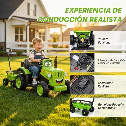 Vista 3 de Tractor de paseo para niños de 12 V con remolque y control remoto de 2.4 G, vehículo eléctrico extragrande con neumáticos EVA, música Bluetooth Verde